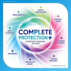 Complete Protection tube label showing sensitivity relief and cavity protection sensodyne toothpaste for sensitive teeth