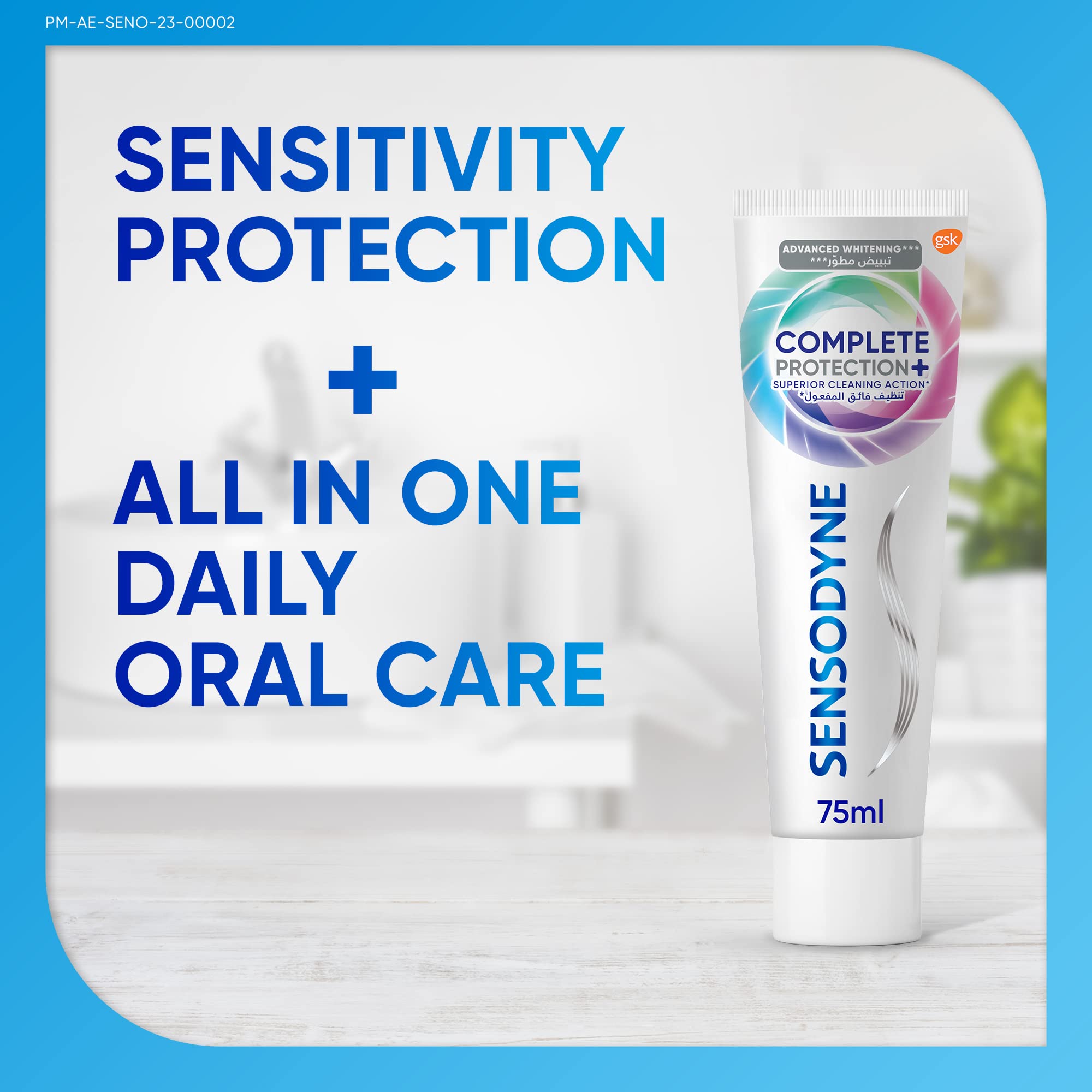 Tube of Sensodyne Complete Protection 75ml on bathroom counter for sensitivity protection sensodyne toothpaste for sensitive teeth