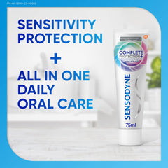 Tube of Sensodyne Complete Protection 75ml on bathroom counter for sensitivity protection sensodyne toothpaste for sensitive teeth