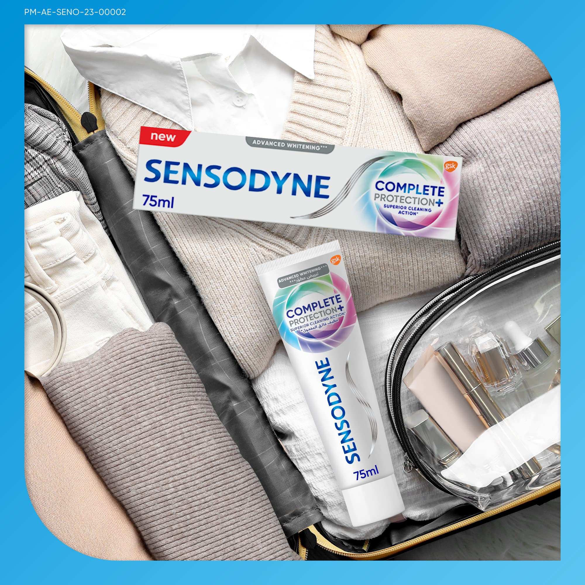 sensodyne toothpaste for sensitive teeth complete protection 75ml tube and box packed in travel suitcase with clothes