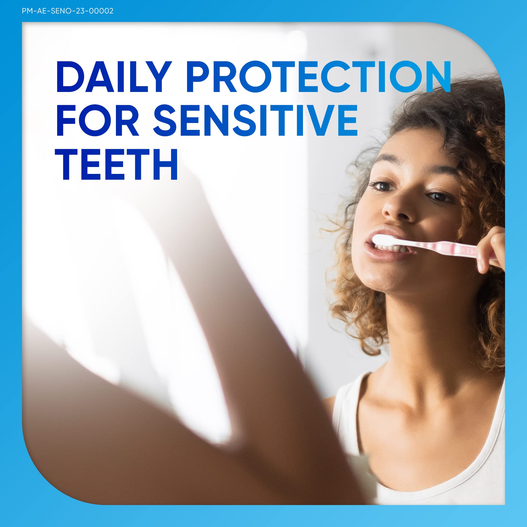 Woman brushing teeth in mirror with Daily Protection text and sensodyne toothpaste for sensitive teeth