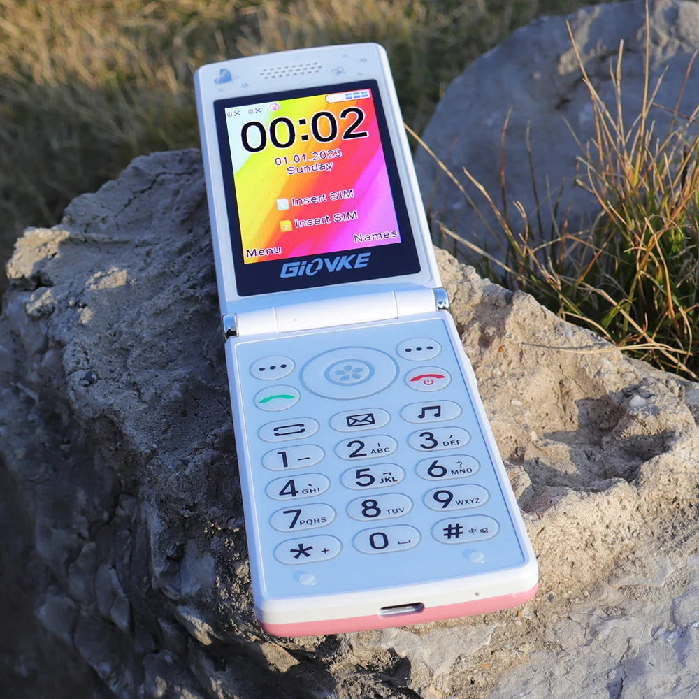 Mumzar women flip phone dual sim white pink clamshell open with large numeric keypad and color screen