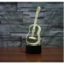 LED guitar night light with glowing 3D electric guitar on round base against a wall