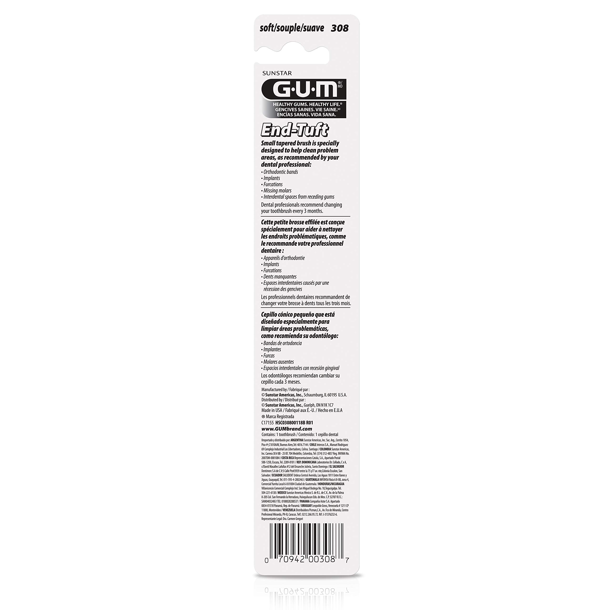 GUM end tuft toothbrush for implants packaging back showing product details and barcode
