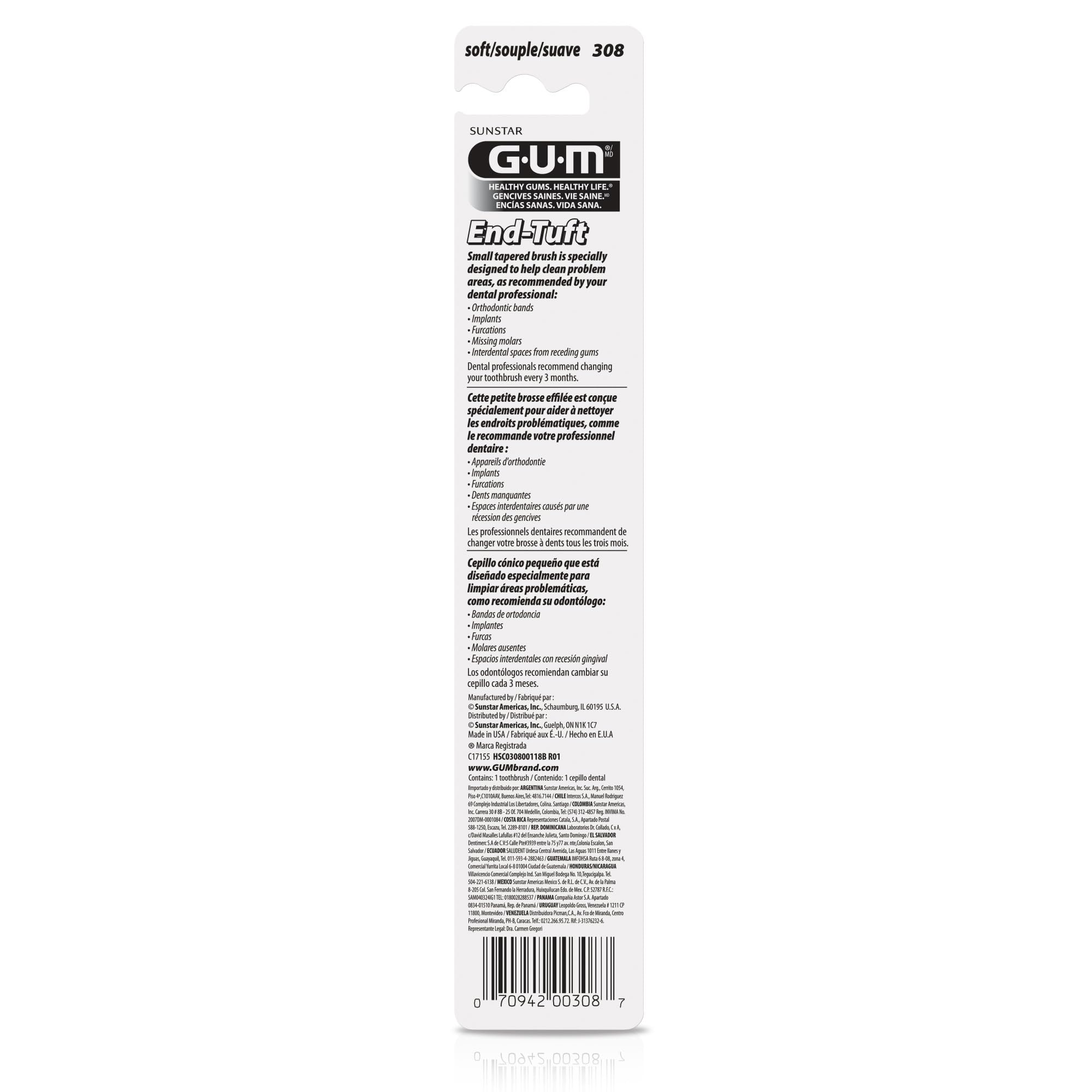 GUM End Tuft packaging back panel showing product information and barcode for end tuft toothbrush for implants