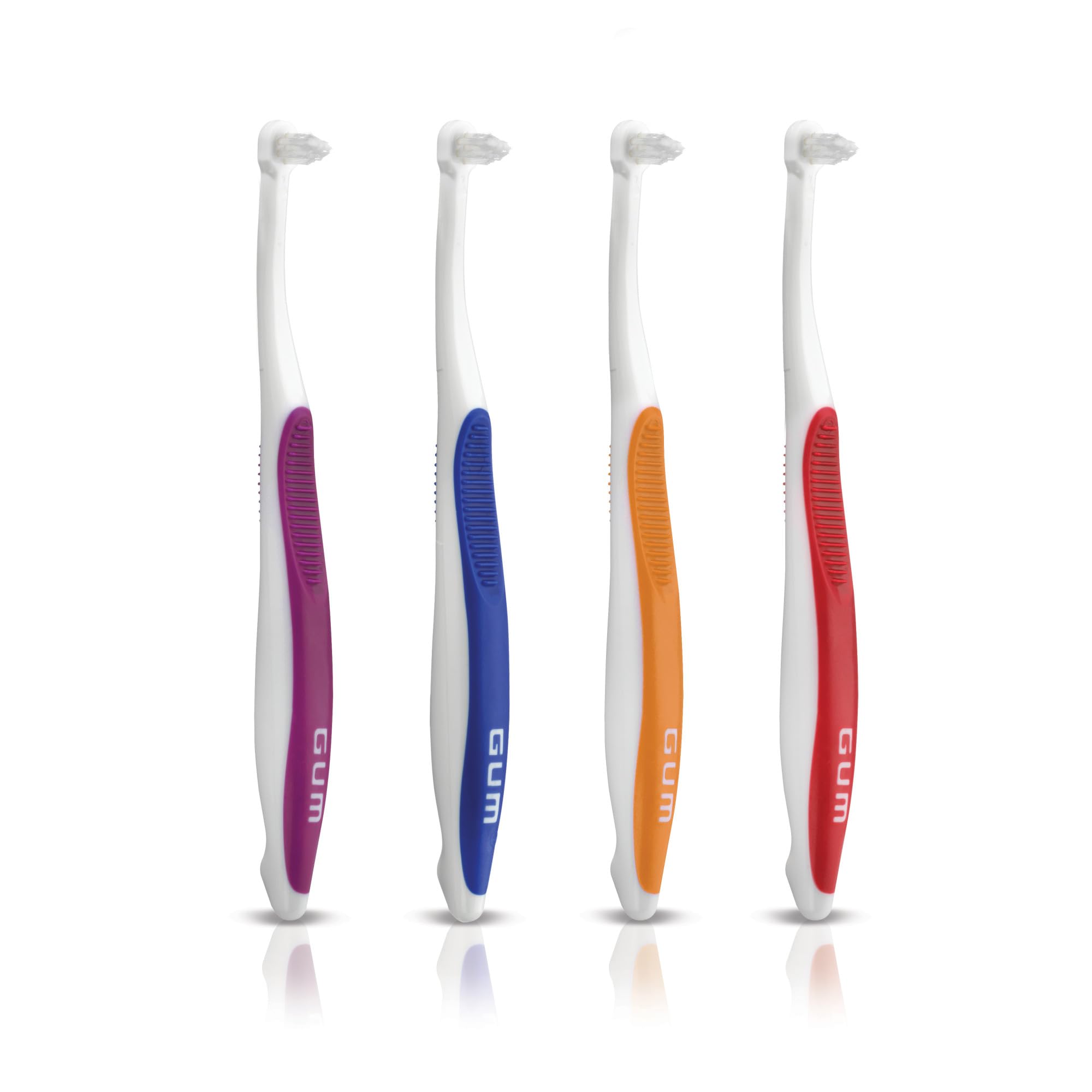 GUM end tuft toothbrush for implants set showing four small headed brushes with purple blue orange and red handles