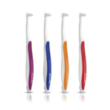 Assorted GUM End-Tuft toothbrushes with small heads in purple, blue, orange, and red