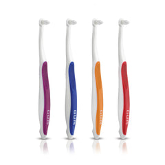 GUM end tuft toothbrush for implants set showing four small headed brushes with purple blue orange and red handles