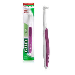 GUM end tuft toothbrush for implants white purple angled small head textured grip shown packaged and loose
