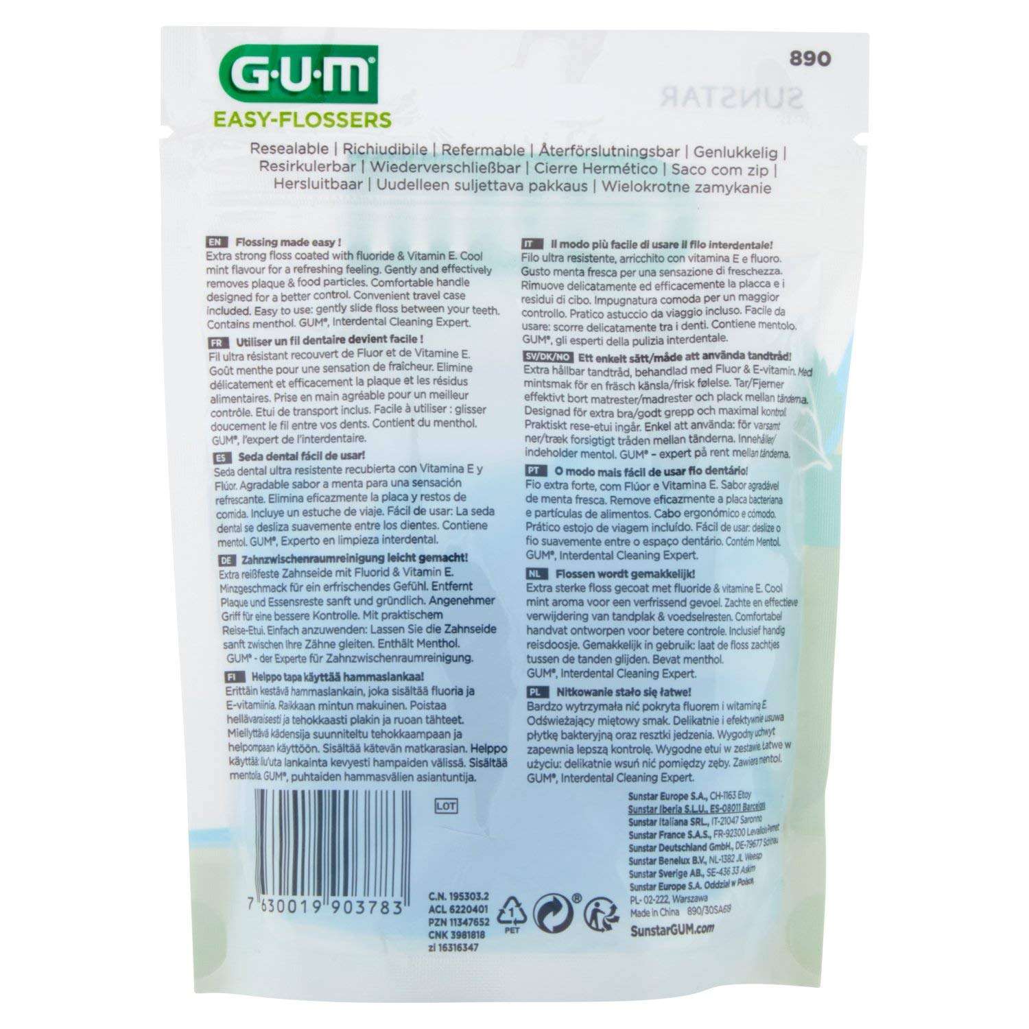 Back view of Gum Easy Flossers 30 pack resealable pouch showing product information and barcode