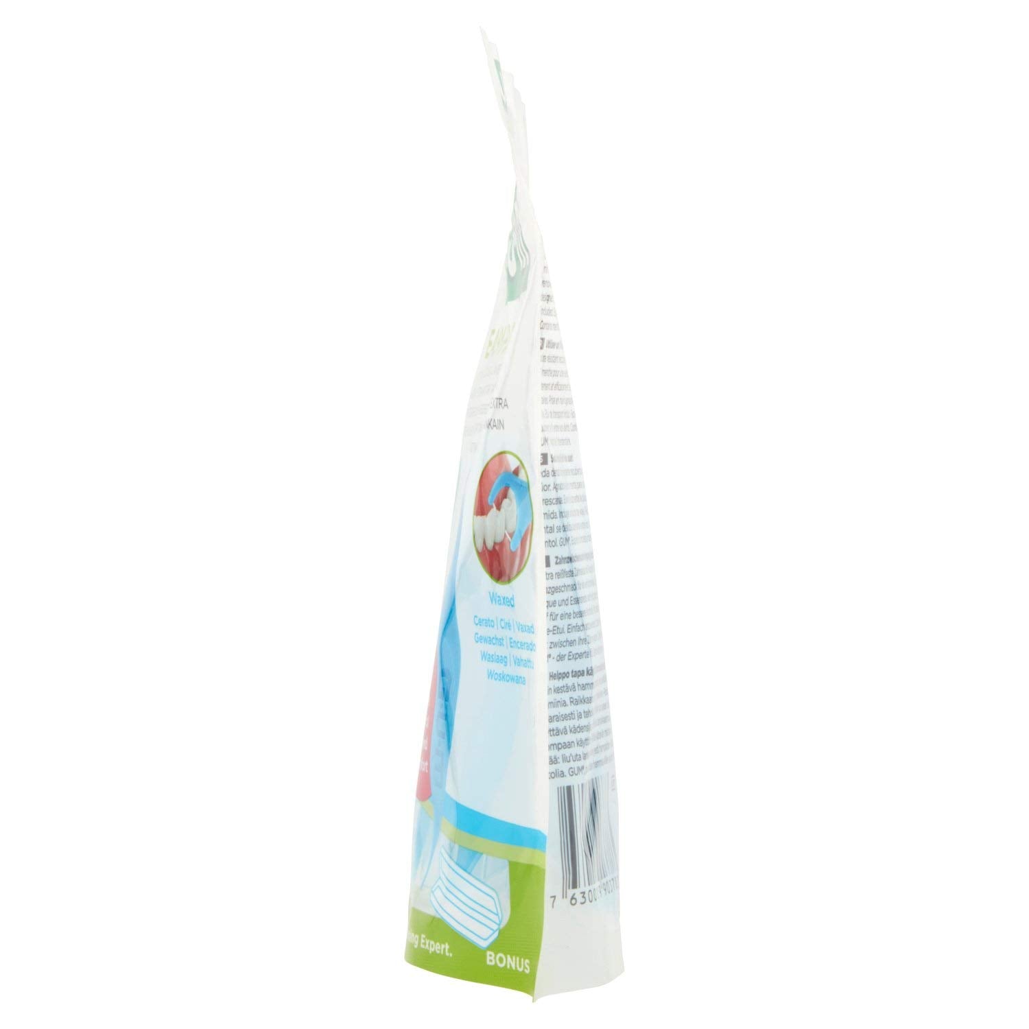 Retail hanging pouch side view of Gum Easy Flossers 30 pack showing blue white packaging art