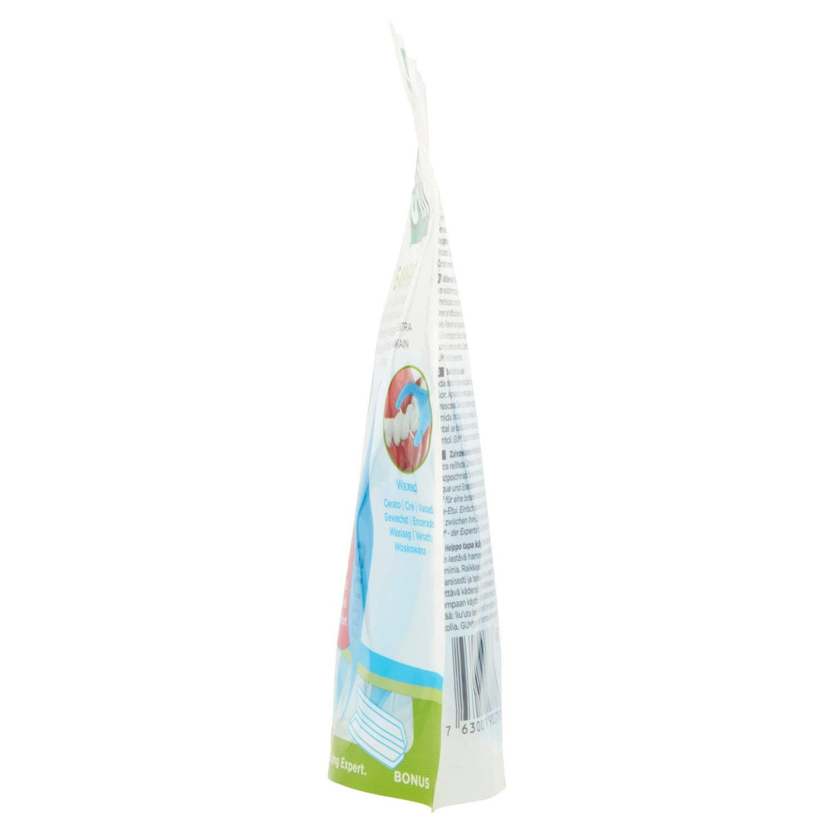 Retail hanging pouch side view of Gum Easy Flossers 30 pack showing blue white packaging art