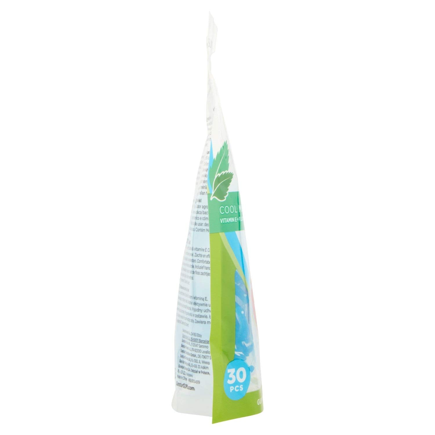 GUM side view package of Gum Easy Flossers 30 pack cool mint dental floss picks in resealable bag