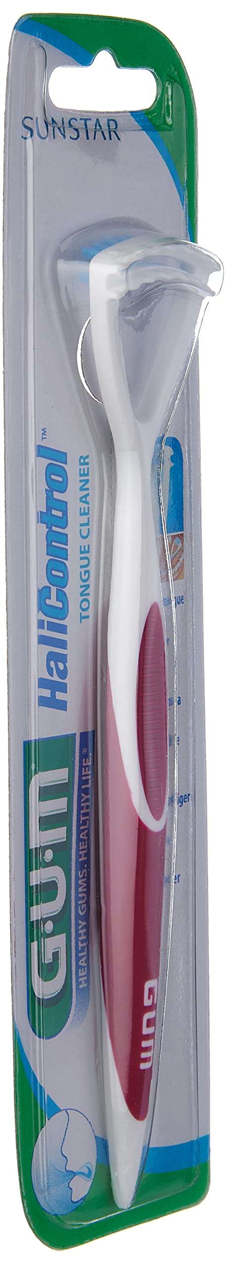 GUM 2-in-1 tongue cleaner and scraper white and red handle in blister pack for oral hygiene