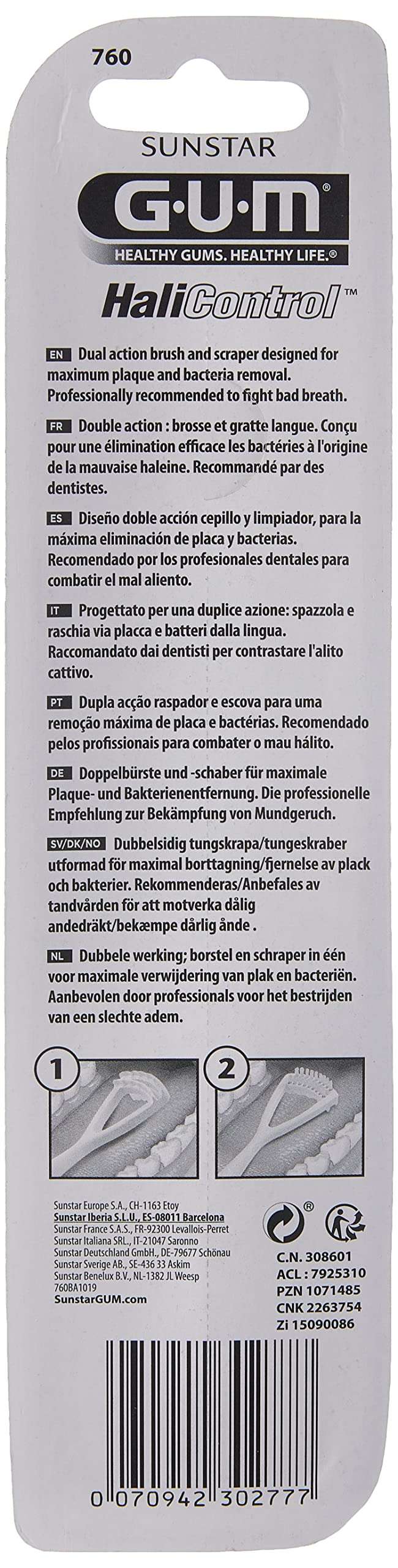 GUM Sunstar Halicontrol product back packaging with instructions and diagrams for 2-in-1 tongue cleaner and scraper