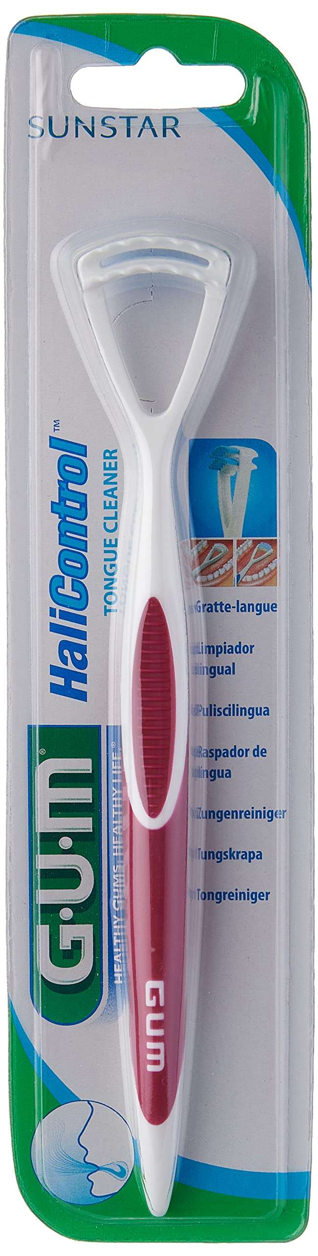 GUM 2-in-1 tongue cleaner and scraper with red and white ergonomic handle in clear blister pack