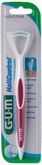 GUM 2-in-1 tongue cleaner and scraper with red and white ergonomic handle in clear blister pack