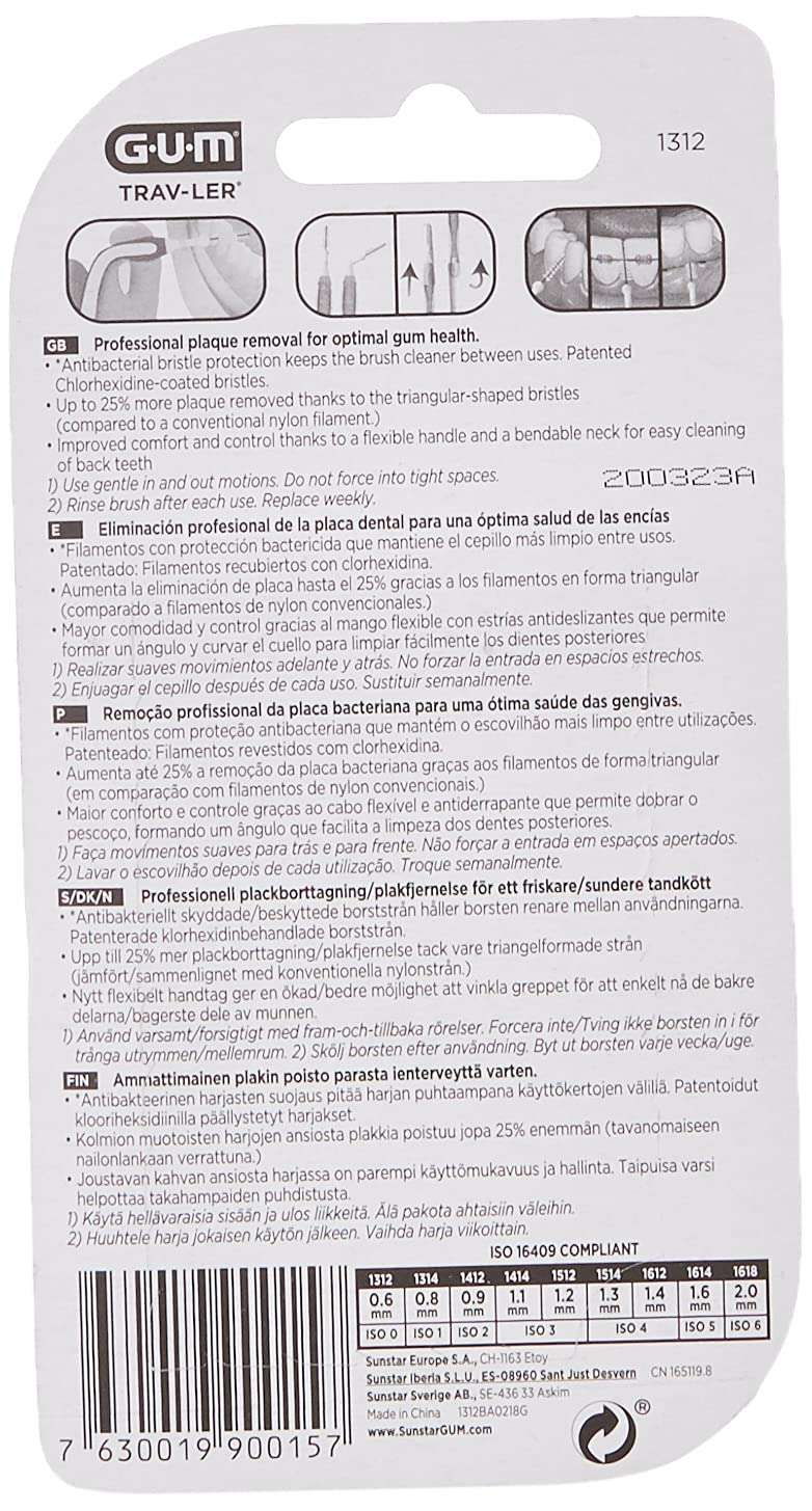 GUM Travler interdental brush for plaque removal package back showing instructions and barcode