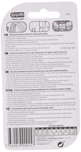 Back panel of GUM Trav-LER interdental brush pack with instructions and chart