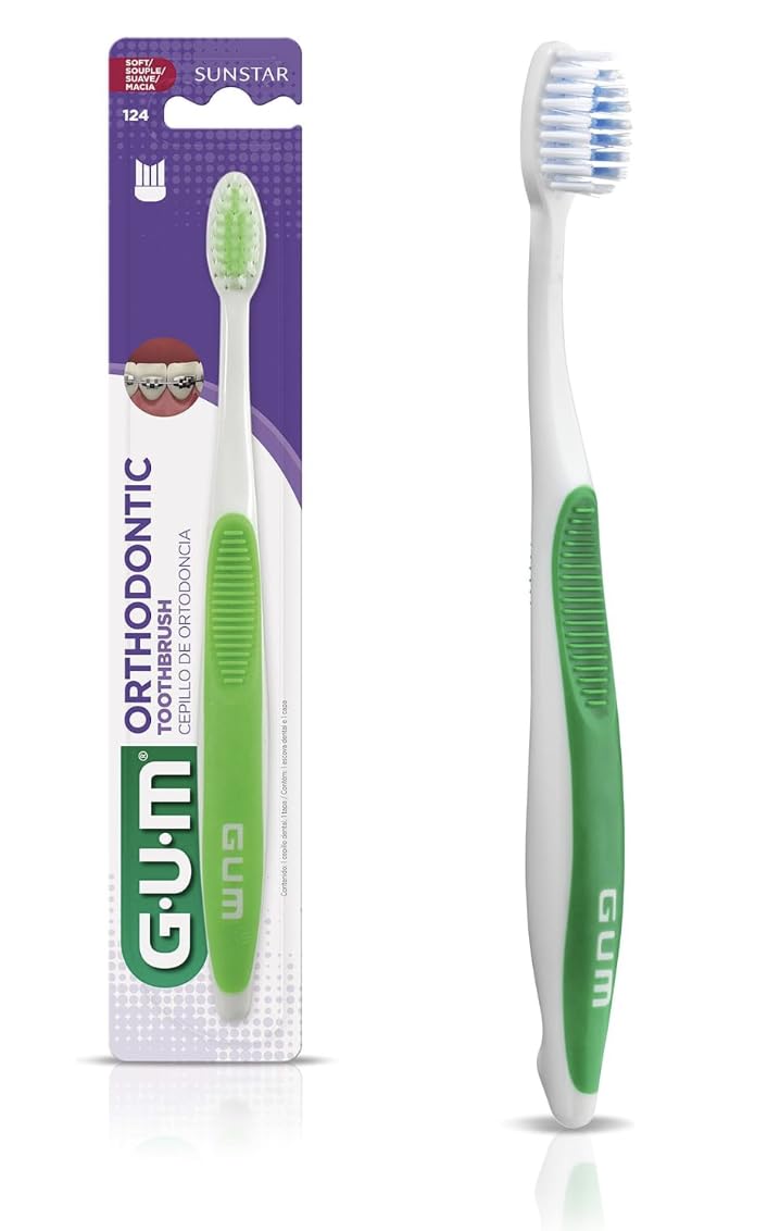 GUM orthodontic toothbrush soft bristles green handle white head for braces and gum care