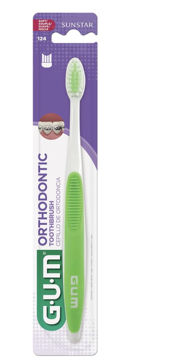 GUM orthodontic toothbrush soft bristles in green with tapered head for braces packaged brush