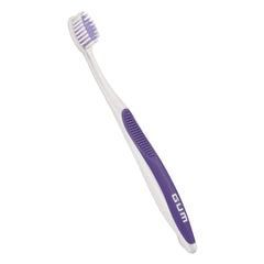 GUM white and purple orthodontic toothbrush soft bristles with angled head and ergonomic non slip handle