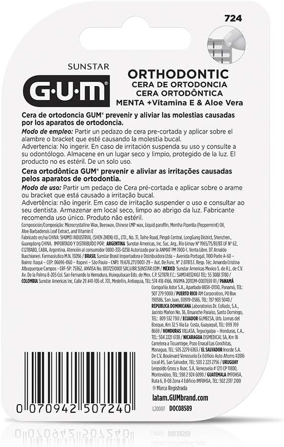 Visit the GUM Store GUM Sunstar orthodontic wax for braces transparent mint with vitamin E and aloe vera packaging back