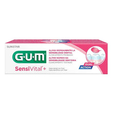 Toothpaste box side with G•U•M logo, Sensivital+ and Dual Action tooth illustration
