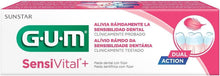 Toothpaste box side with G•U•M Sensivital+ logo, tooth diagram and Dual Action