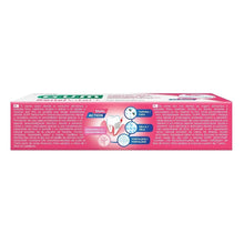 Toothpaste box side panel with ingredient text and Dual Action tooth graphic