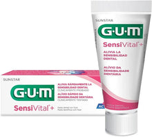 Toothpaste tube and box with G•U•M Sensivital+ label, pink top strip and tooth icon