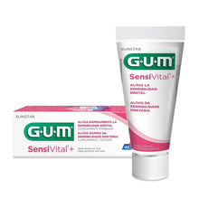 Toothpaste tube with G•U•M Sensivital+ label and box, pink top strip, Dual Action