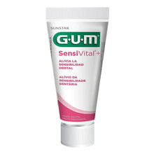 Toothpaste tube with G•U•M Sensivital+ label, white and pink design, 75 ml