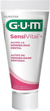 Toothpaste tube front with G•U•M Sensivital+ label and pink shield graphic