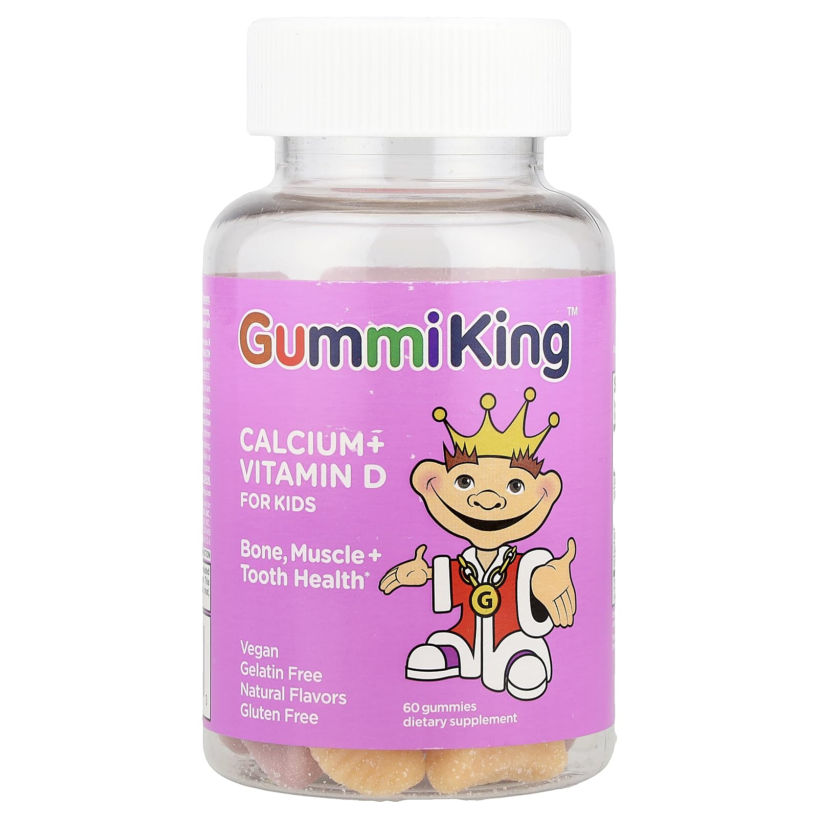 Gummi King kids calcium vitamin D gummies in a clear bottle for bone, muscle, and tooth health