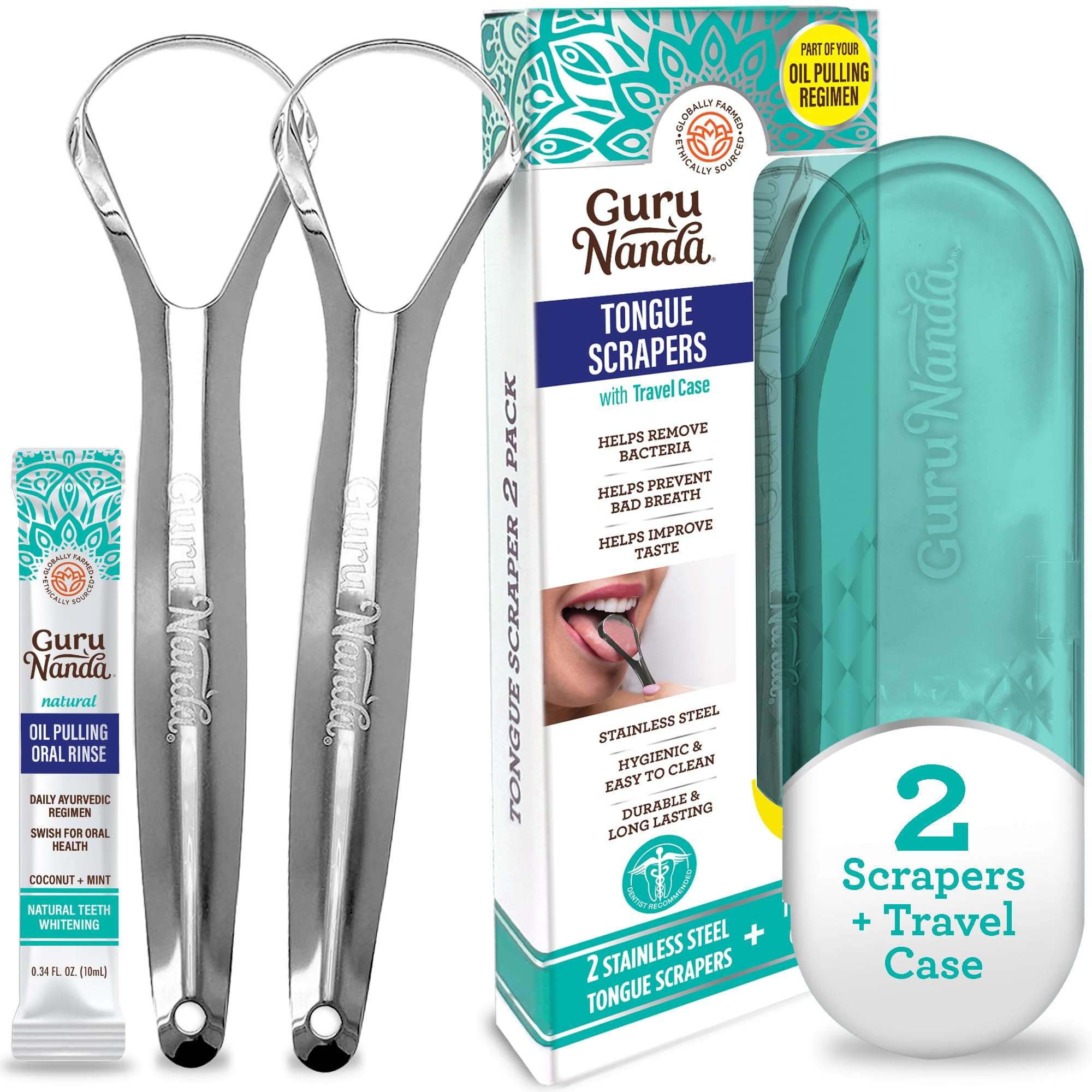 Guru Nanda stainless steel tongue scraper UAE two metal scrapers with teal travel case and oil pull rinse