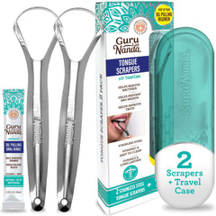 Guru Nanda stainless steel tongue scraper UAE two metal scrapers with teal travel case and oil pull rinse