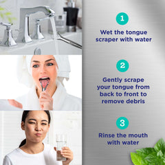 Three step instructional image showing how to use a stainless steel tongue scraper UAE wet scrape rinse for oral hygiene