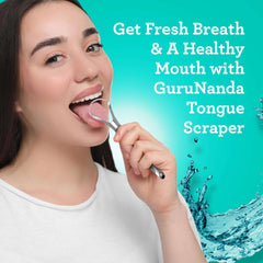 Woman using GuruNanda stainless steel tongue scraper UAE for fresh breath and healthy mouth