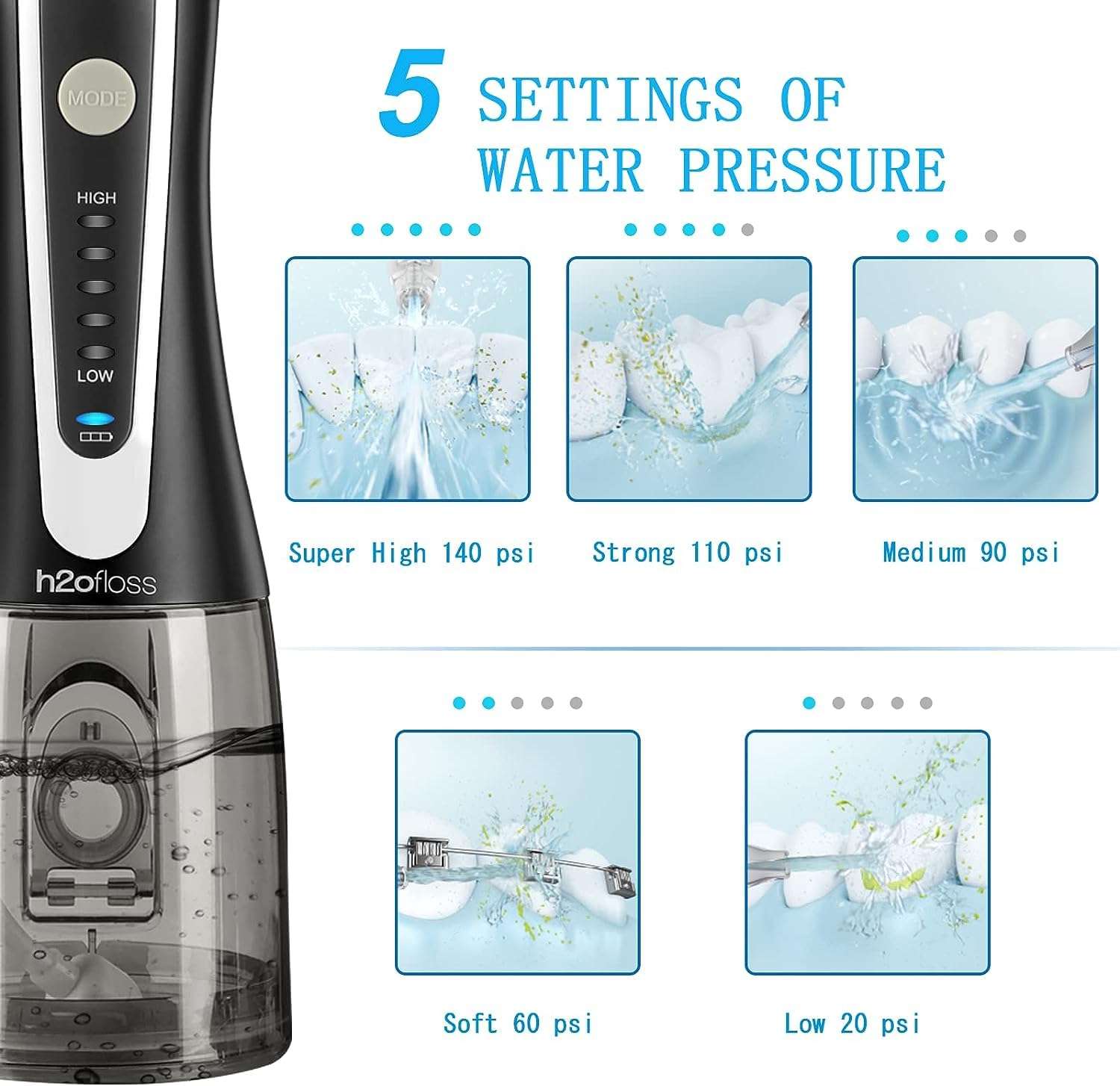 H2ofloss cordless water flosser UAE showing black unit with transparent tank and 5 pressure settings 140 to 20 psi