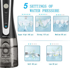 H2ofloss cordless water flosser UAE showing black unit with transparent tank and 5 pressure settings 140 to 20 psi