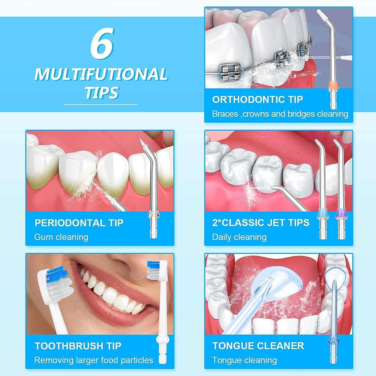H2ofloss cordless water flosser UAE with six multifunctional tips for orthodontic periodontal daily cleaning and tongue cleaning