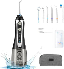 Cordless water dental flosser with black handle, detachable tank, and multiple nozzle tips