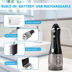 Black H2ofloss USB rechargeable cordless water flosser UAE with built in battery and power source icons
