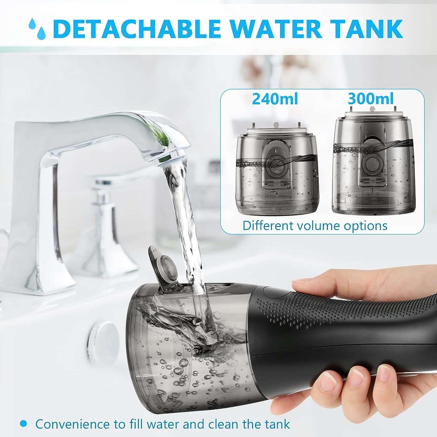 H2ofloss cordless water flosser UAE handheld with detachable transparent water tank being filled at sink