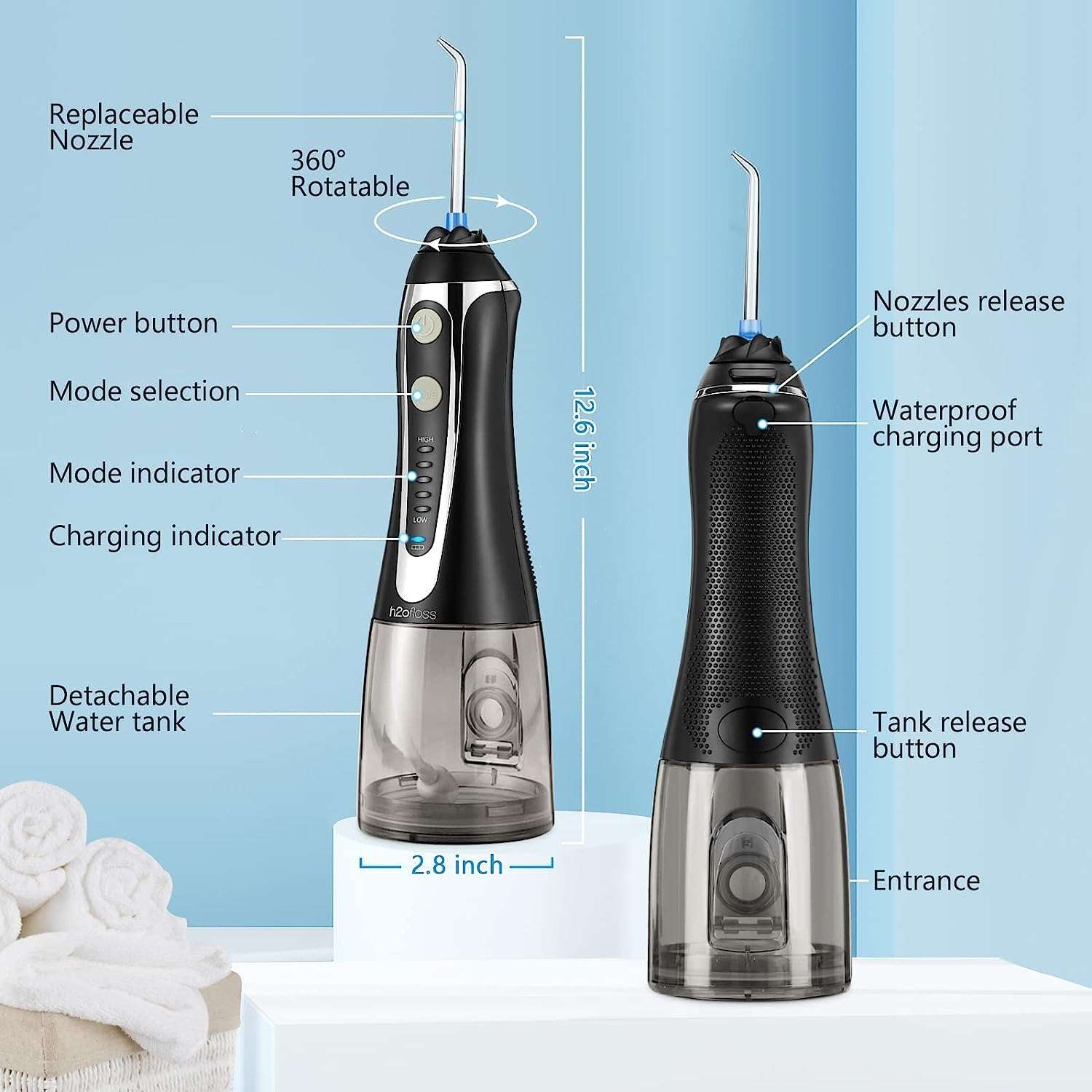 H2ofloss cordless water flosser UAE with detachable water tank replaceable nozzle 360 rotatable tip