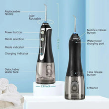 Portable oral irrigator with front mode buttons, detachable tank, and 360 rotatable nozzle