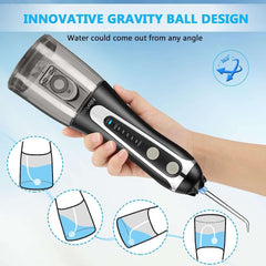 H2ofloss cordless water flosser UAE in hand with transparent reservoir and gravity ball design