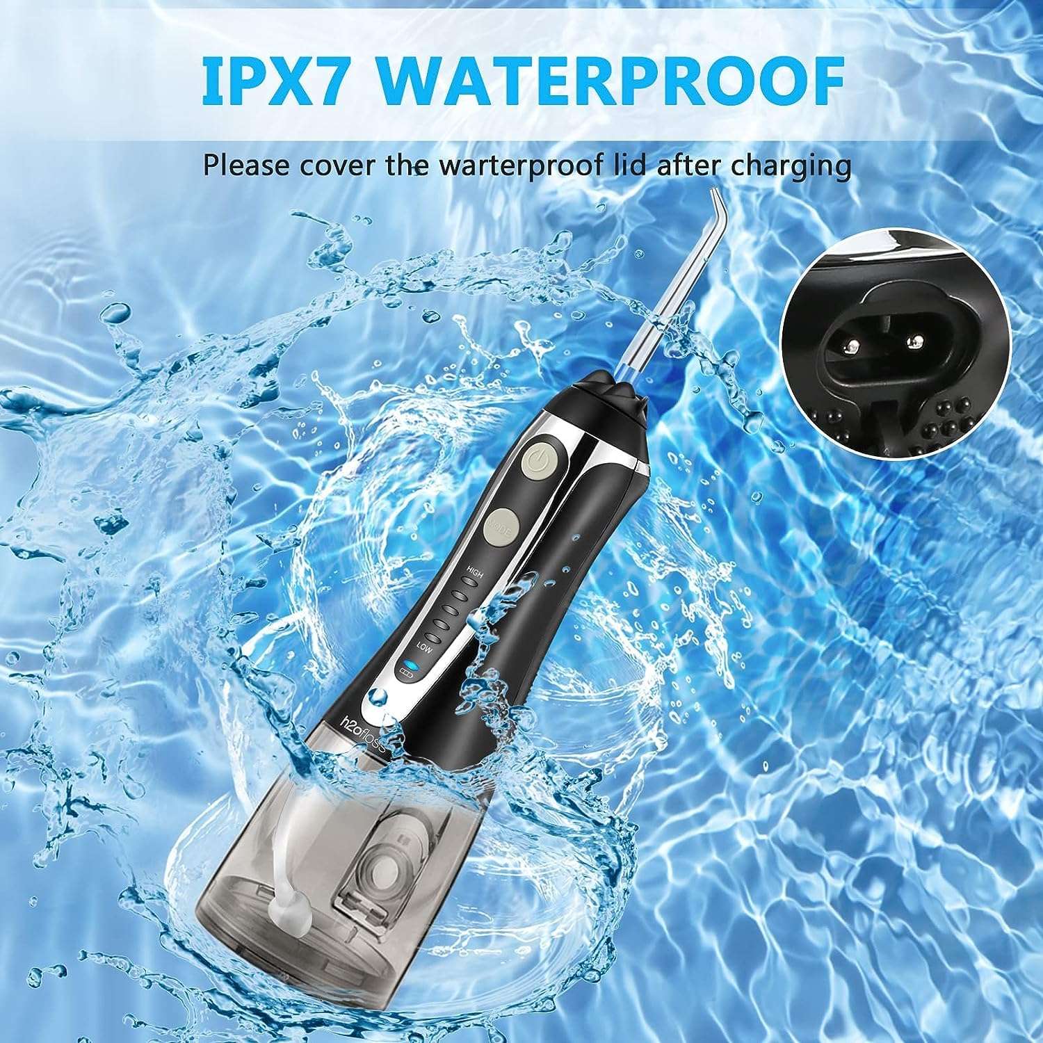 H2ofloss black cordless water flosser UAE with IPX7 waterproof body splashing in water and visible charging port