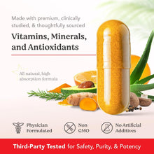 Gold capsule bottle with vitamins, minerals, and antioxidants, plus fruit and herb ingredients